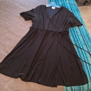 Classic black dress, faux-wrap, stretch knit